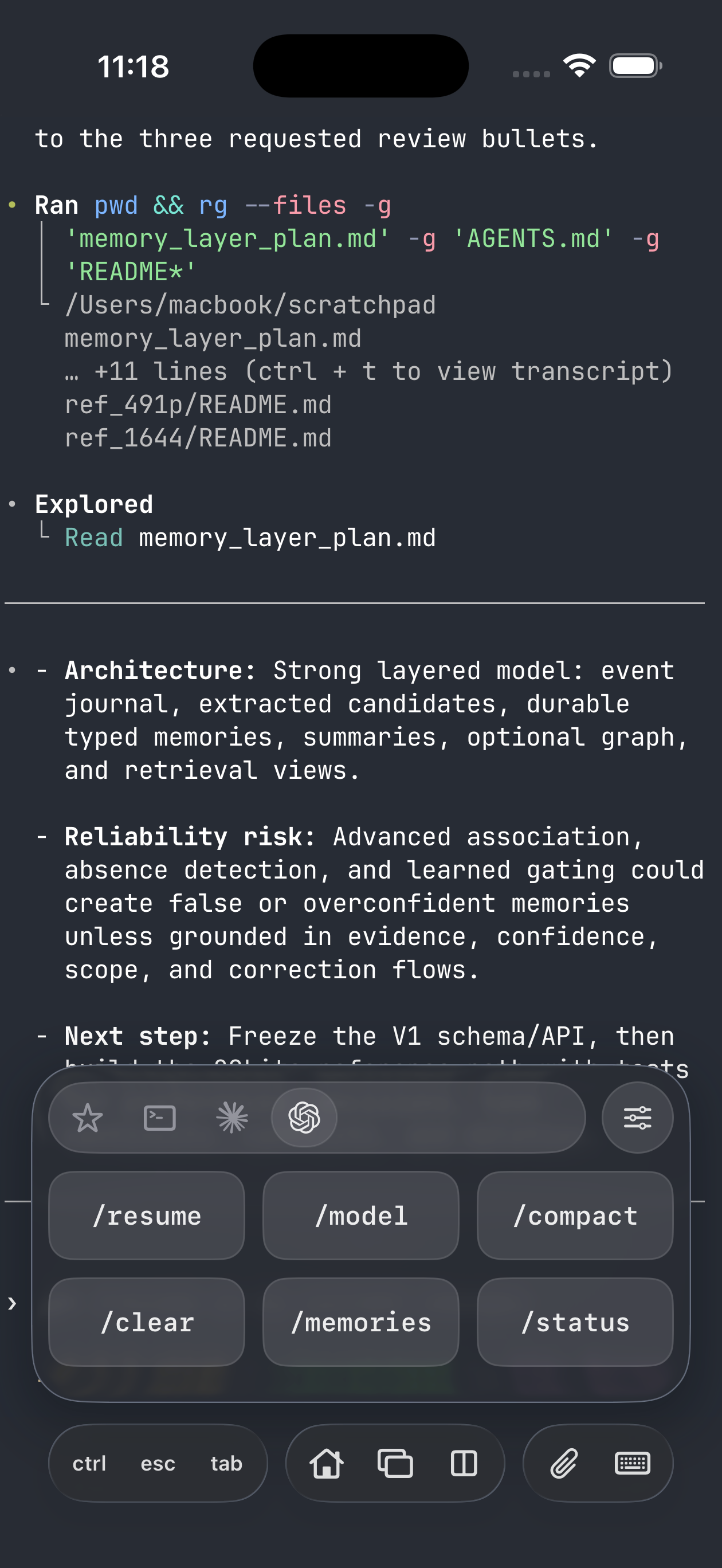 Remux terminal with the Codex shortcut collection open, showing saved slash commands