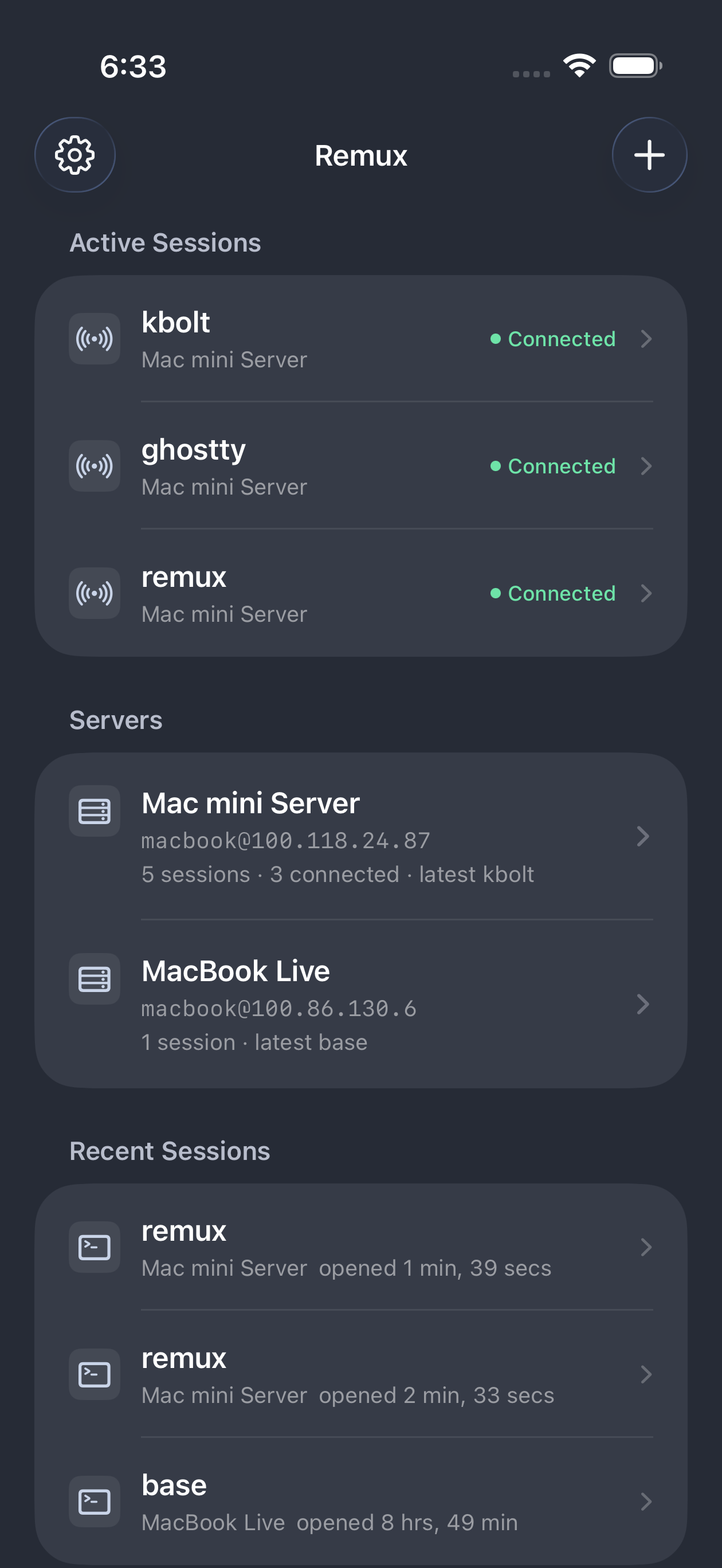 Remux showing three active tmux sessions across two saved servers